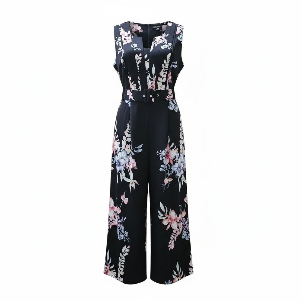 City Chic Sleeveless Black Floral Belted Jumpsuit, City Chic Size L=Size 20, NWT - Picture 1 of 7